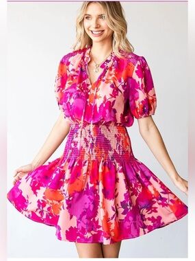 First Love Floral Puff-Sleeve Smocked Waist Mini Dress - Pink & Fuchsia Sz M